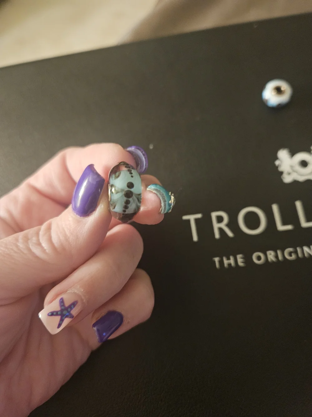 Trollbeads Aqua JUMBO Glass Bead with Black Draginfly Design RARE